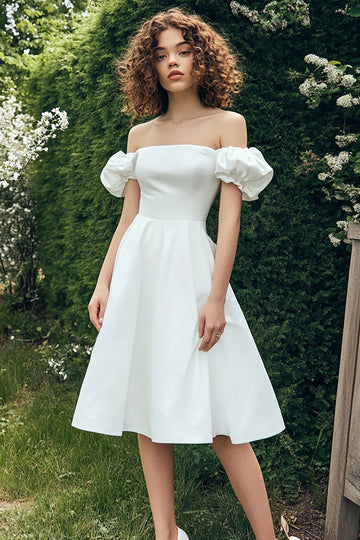 Elegant A-Line Off the Shoulder Puff Sleeves White Graduation Dress